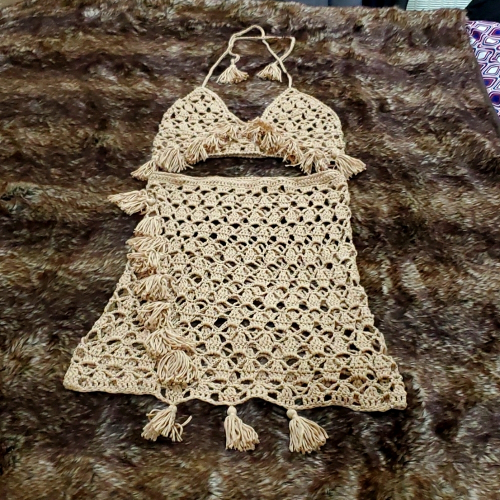 Crochet top and skirt swimwear set